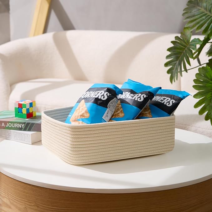 Large Shallow Organizing Baskets 15x11x5.1 Inches - Rope Woven Storage Bins for Bathroom, Shelves, Cube Closet, Beige 2 Packs-Ruum Studio Home