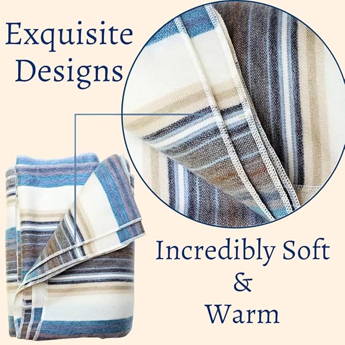 Alpaca Wool Throw Blanket | Super Soft, Lightweight, Breathable and Hypoallergenic | Non-Itchy or Scratchy (Blue White Varicolored, Queen (U.S. Standard))-Ruum Studio Home