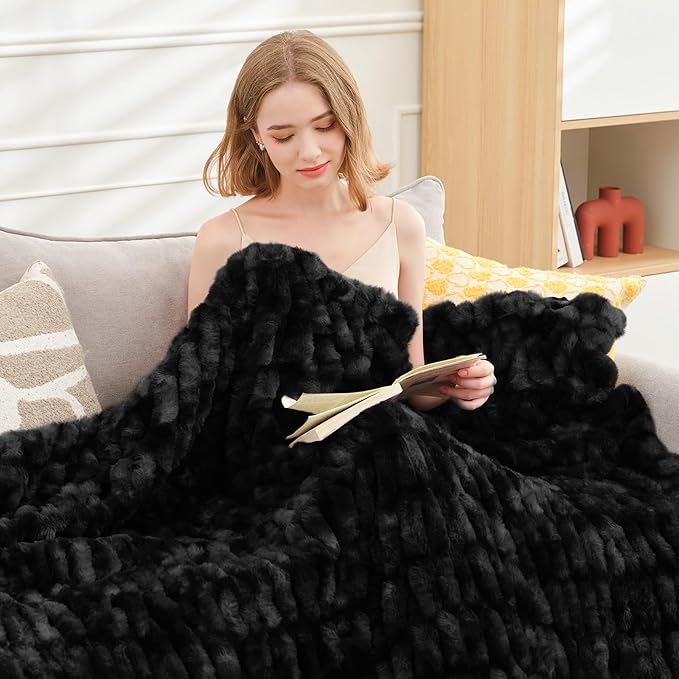 Ultra Soft Luxury Faux Fur Throw Blanket for Counch,Fuzzy Fluffy Plush Warm Cozy Elegant Wrinkled Blanket for Sofa Bedroom Living Room,（50"x60",Tie-dye Black）-Ruum Studio Home