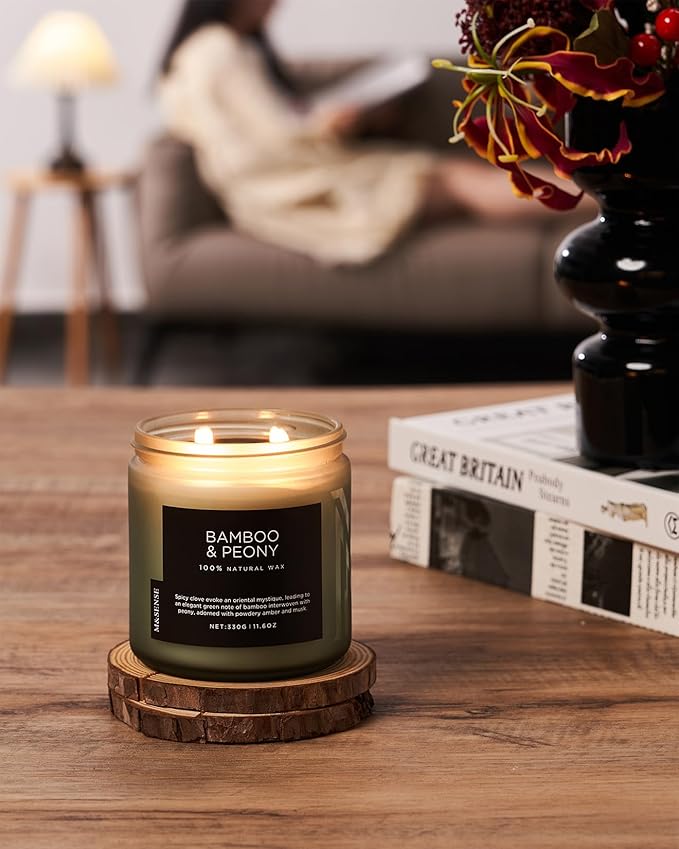 M&SENSE Bamboo Peony Scented Candle, 11.6oz Aromatherapy Jar Candle, 70 Hour Burn Time, Natural Soy Wax Blend, Stress Relief, Home Fragrance-Ruum Studio Home