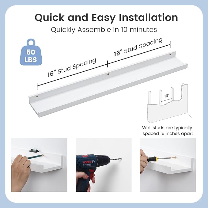 Picture Ledge Shelf for Wall, 36 inch Solid Pine Wood Nursery Book Shelves 2 Packs, Floating Ledge Shelves for Kids' Room Bedroom Bathroom Living Room Photo Frames Office Nursey Wall Decor, White-Ruum Studio Home