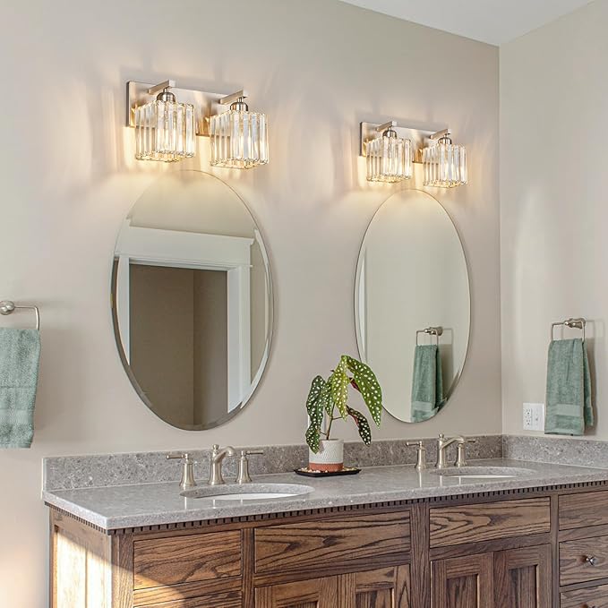 Modern Vanity Light 2-Lights Brushed Nickel Vanity Light Crystal Bathroom Wall Light Bathroom Light Fixtures-Ruum Studio Home