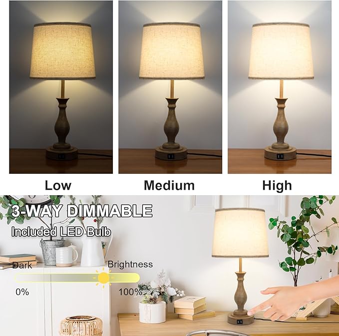 Touch Lamps for Bedrooms Set of 2, Farmhouse Table Lamp with Dual USB Charging Ports, 3 Way Dimmable Nightstand Lamps with Linen Fabric Lampshade for Bedroom (Pack 2-Beige Shade & Antique Brown)-Ruum Studio Home