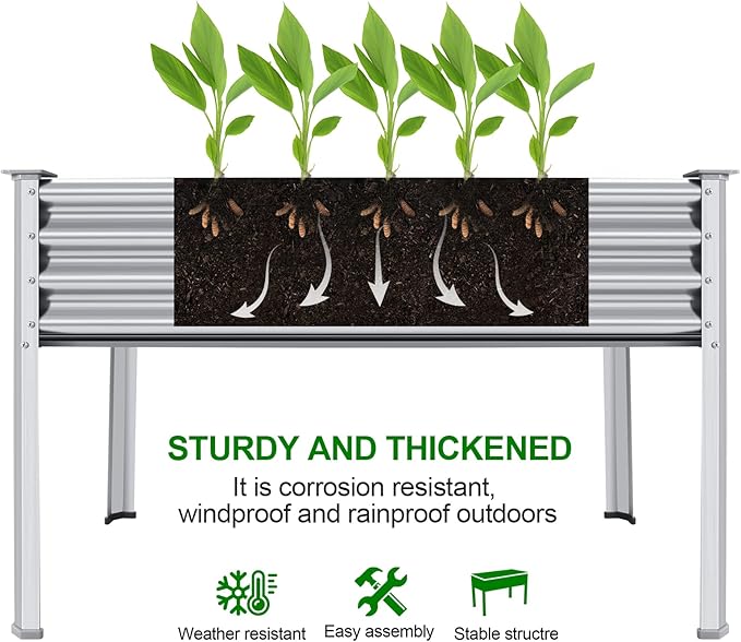 Land Guard Galvanized Raised Garden Bed with Legs, 48×24×32in Large Metal Elevated Raised Planter Box with Drainage Holes for Backyard, Patio, Balcony, 400lb Capacity-Ruum Studio Home