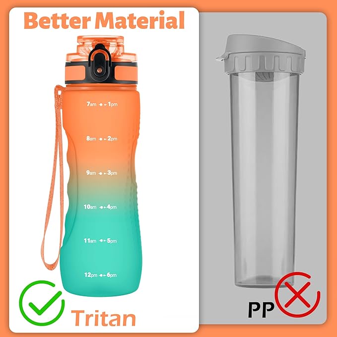 OLDLEY 25 oz Water Bottle, Motivational Water Bottle with Time Marker, Sports Water Bottle With Strap, Leakproof & BPA Free Large Water Bottles for School, Gym, Travel, Outdoor, Tritan,Orange&Green-Ruum Studio Home