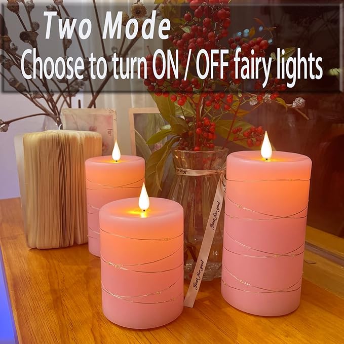 Pink Flameless Candles with String Lights Battery Operated Flickering LED Pillar Candles 4‘’ 5‘’ 6‘’ Candle with Remote Control, Set of 3-Ruum Studio Home