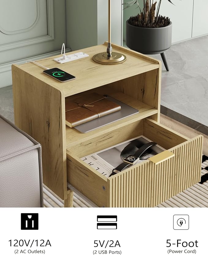 Nightstand,Modern Bedside Table with Storage Drawer and Open Wood Shelf, Accent Night Stand with Solid Wood Legs for Living Room, Bedroom and Small Spaces,Easy Assembly (Yellow Oak-Outlet)-Ruum Studio Home