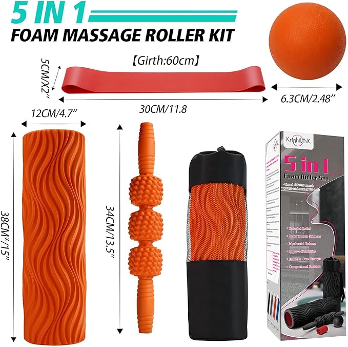 5-in-1 Foam Roller Set, Massage Roller Stick, Massage Ball, Resistance Band for Deep Muscle Massage, Trigger Point Release, Pilates, Yoga (Orange-Wave)-Ruum Studio Home