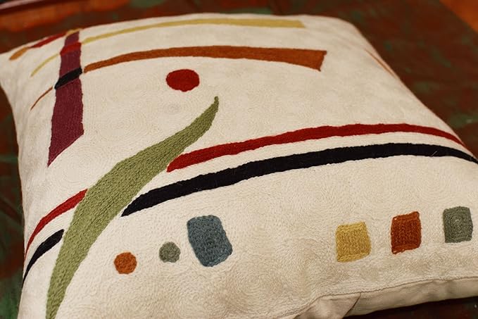Kandinsky Contemporary Throw Pillow Cover - Cream | Modern Pillow Cases | Abstract Throw Pillows | Modern Boho Pillow | Abstract Chair Cushions | Hand Embroidered Cushion | Wool Size 18x18-Ruum Studio Home