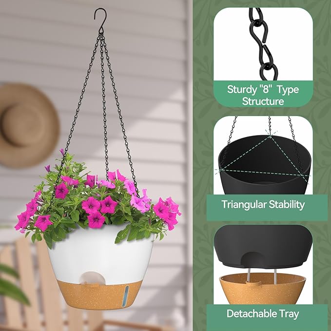 ZMTECH 12 Inch Hanging Planters for Indoor Outdoor Plants, 2 Pack Self Watering Hanging Plant Pots with Drainage Hole, Visual Reservoir, Plastic Flower Hanging Pots with Watering Lip (White)-Ruum Studio Home