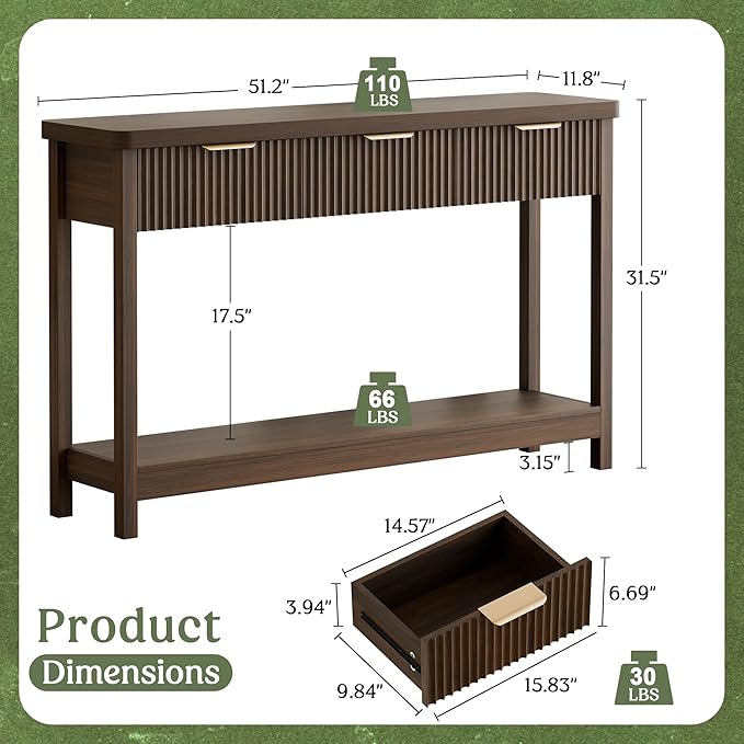 Lulive 51" Fluted Console Table for Entryway, Entryway Table with 3 Wooden Drawers, Farmhouse Behind Sofa Table for Living Room, Hallway, Couch, Foyer-Ruum Studio Home