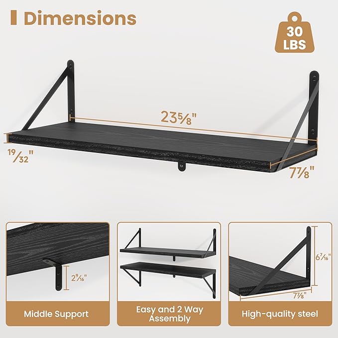 Heimlove 24 Inches Black Floating Shelves,8 Inches Deep Wall Bookshelf Mounted Display&Storage Wood Wall Shelves for Kitchen Bathroom Laundry Living Room,Set of 3-Ruum Studio Home