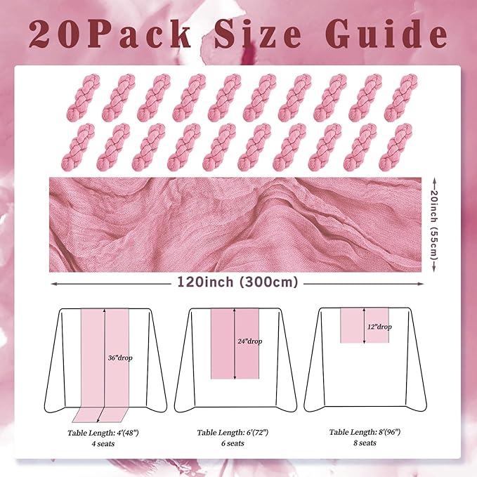 20 Pack Dusty Rose 10FT Cheesecloth Table Runner 20 x 120 Inch Long Rustic Gauze Fabric Cheese Cloth Table Runner for Wedding Bridal Baby Shower Table Decorations Boho Sheer Birthday Party Table Decor-Ruum Studio Home
