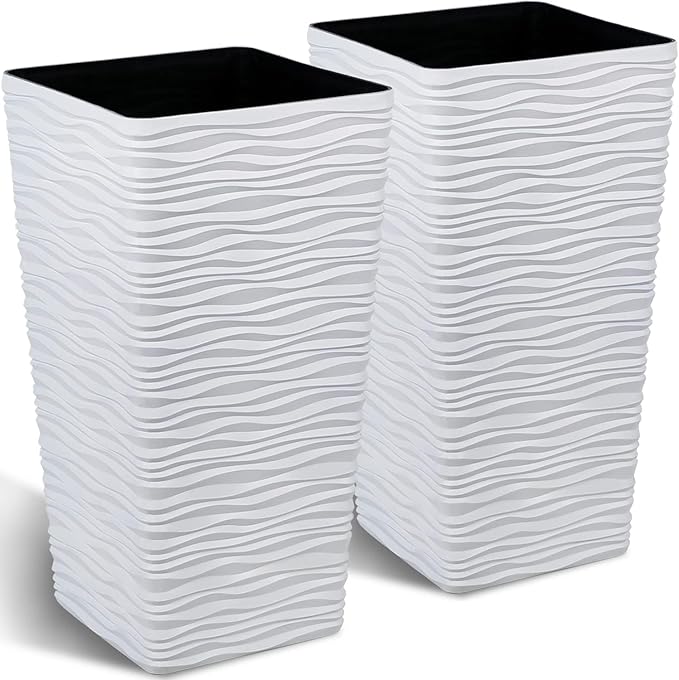 Worth Garden 22" Tall Planters Set of 2 - Plastic White Square Plant Pots - Modern Big Tapered Matte Wavy Tree Flower Pot for Indoor Outdoor Porch Deck-Ruum Studio Home