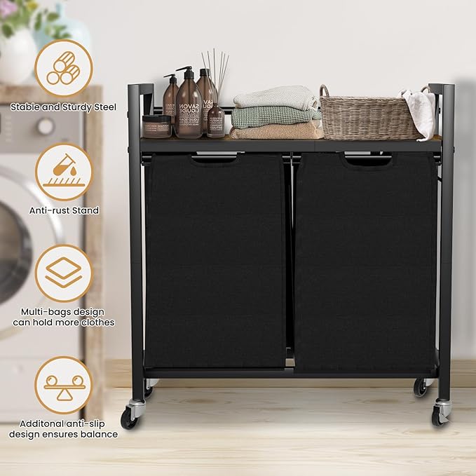 Laundry Hamper, Laundry Basket, Laundry Sorter with 2 Removable Bags, Clothes Basket with 2 Compartments, Wheels, Shelf for Laundry Room Bathroom Bedroom (2 Bags-Black)-Ruum Studio Home