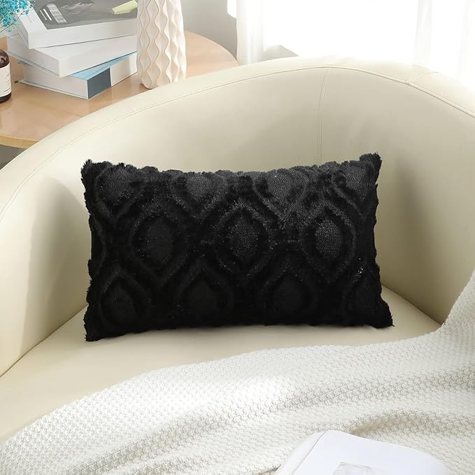 decorUhome Fall Throw Pillow Covers 12x20 Inch Set of 2, Soft Plush Decorative Faux Fur Black Solid Couch Pillow Covers, Accent Farmhouse Neutral Lumbar Euro Pillow Cases for Sofa Bed Living Room-Ruum Studio Home