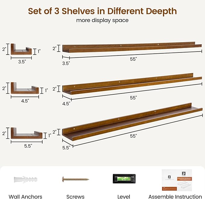 Picture Ledge Wall Shelves 56 inches Width Set of 3, Solid Pine Wood Rustic Floating Ledge Shelves for Wall for Kids' Room Bedroom Kitchen Bathroom Long Floating Shelves for Wall Decor, Walnut-Ruum Studio Home