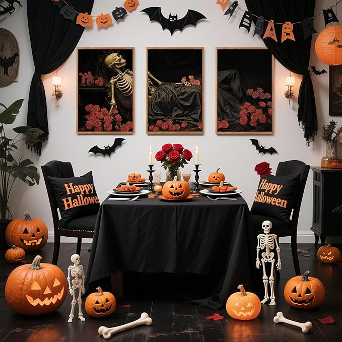 Aurlan Gothic Skeleton Roses Framed Wall Art(16"x24"), 3PCS Romantic Halloween Skull Flowers Canvas Artwork, Dark Moody Goth Mystical Creepy Decor for Home Office Bedroom-Ruum Studio Home