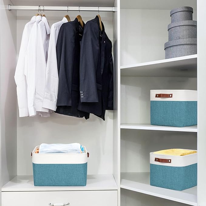 Storage Bins Large Fabric Storage Baskets for Shelves 3 Pack, Decorative Linen Closet Baskets with Handles for Organizing, Shelf, Clothes, Home, Office, 15x11x9.5Inches (Teal&White)-Ruum Studio Home