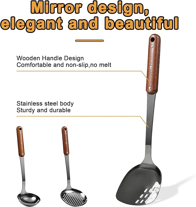 FJNATINH Stainless Steel Wok Spatula,Ladle,Skimmer Ladle Tool Set,Mirror Polished Cooking Utensils with Wooden Handle,Easy to Clean Wok Accessories,Black 3 PCS-Ruum Studio Home