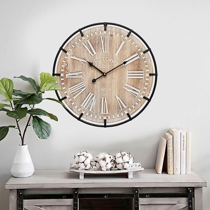20 Inch Grand Farmhouse Wall Clock, Vintage-Inspired Wood & Metal Design with Large Etched Numbers, Silent Battery-Powered Timepiece for Offices, Kitchens, Bedrooms, and Living Rooms-Ruum Studio Home