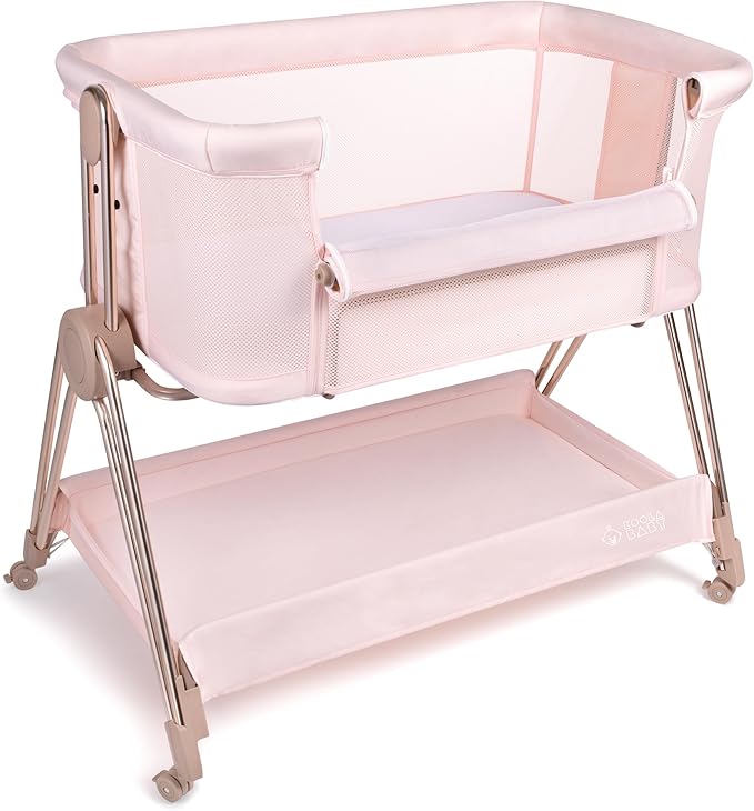 Baby Bedside Sleeper - Bassinet & Bedside Crib with Height Adjustment & Wheels - Can Be Placed Next to Bed - Attaches to Parents Bed - Easy to Fold & Carry Bassinet for Girls (Pink)-Ruum Studio Home