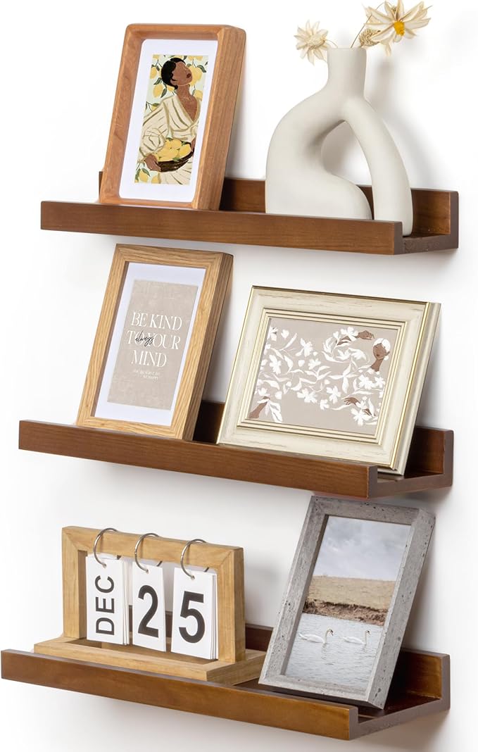 Pine Wood Rustic Floating Ledge Shelves Set of 3, 16 inches Width - Solid Pine, Walnut Finish - Kids' Room to Living Room Wall Decor-Ruum Studio Home