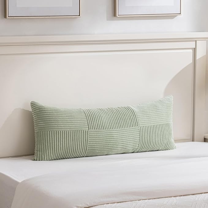 Fancy Homi Set of 2 Sage Green Boho Long Lumbar Body Decorative Throw Pillow Cover 14x36 Inch for Bed Couch Bedroom Bench, Soft Patchwork Corduroy Textured Pillow Case, Rustic Farmhouse Room Décor-Ruum Studio Home