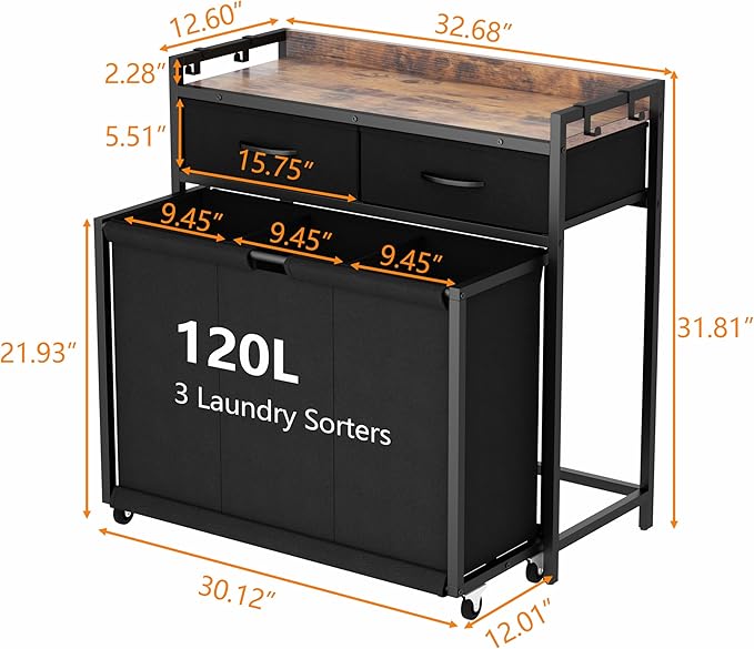 Laundry Hamper Laundry Basket with 3 Section Pull-Out Rolling Bags, Laundry Sorter for Organization and Storage with 2 Pull-Out Drawers for Laundry Room, Bathroom, Bedroom Use (Rustic Brown)-Ruum Studio Home