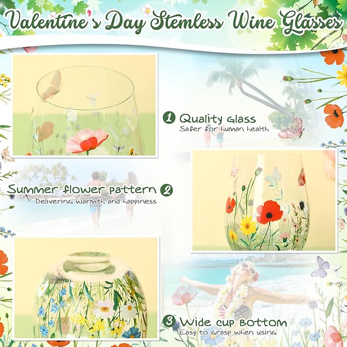 Sliner 2 Pack 17oz Wildflower Stemless Wine Glasses Floral Butterfly Drinking Glasses Spring Flowers Tumbler Cups for Graduation Wedding Mother's Day Birthday Drinking Party Favors-Ruum Studio Home