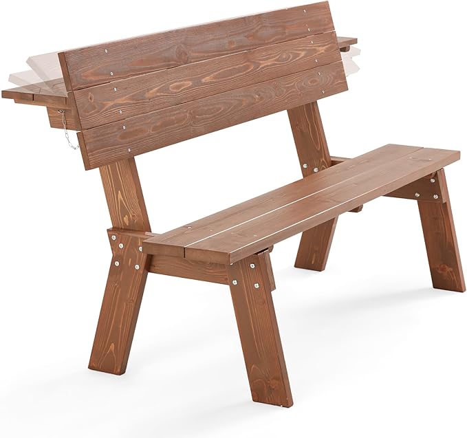 AVAWING Outdoor Convertible Wood Bench with Backrest, Patio Wood Convert a Bench, Space-Saving 2-in-1 Picnic Table Chairs Set for Backyard, Porch, Patio, Garden, Brown-Ruum Studio Home