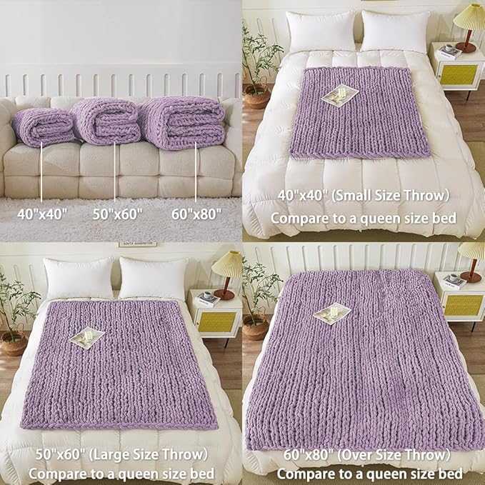 WESHIONGOO Chunky Knit Blanket Throw 50"×60" Knitted Throw Blankets for Couch Bed Fluffy Soft Blanket with Jumbo Chenille Yarn Thick 100% Handmade(Lilac)-Ruum Studio Home