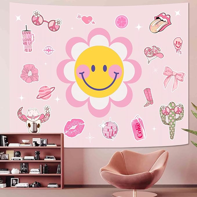 Lunerfex Y2K Tapestry Pink Sun Wall Tapestry, Cute Tapestries for Bedroom Funny Tapestries Wall Hanging for Bedroom Living Room Decor Pink-7 44"x60"-Ruum Studio Home