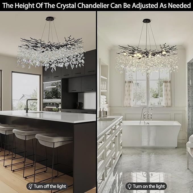 Modern Black Crystal Tree Branch Chandelier,14-Light 40" Black K9 Crystal Chandeliers for Living Room, Round Chandelier for Dining Room,High Ceiling,Kitchen Island,Foyer,Staircase-Ruum Studio Home