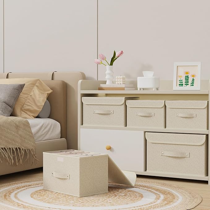 Storage Boxes, Collapsible Storage Bins with Lids, Cotton and linen cloth Storage Baskets with Handle, for Books, Closet, Bedroom, Home, 13x9.1x7.9 in, Grey and Beige-Ruum Studio Home