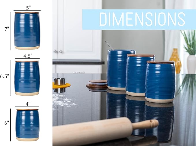 Nat & Jules Lidded Navy Blue 6 inch Ceramic and Wood Kitchen Canisters Set of 3-Ruum Studio Home