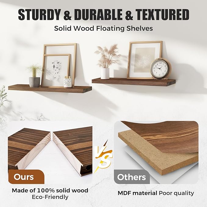 24"x6.8"x1.2" Solid Wood Floating Shelves 2-Pack - Rustic Brown Finish with Hidden Brackets, Perfect for Storage and Décor in Living Room, Kitchen, Bedroom-Ruum Studio Home