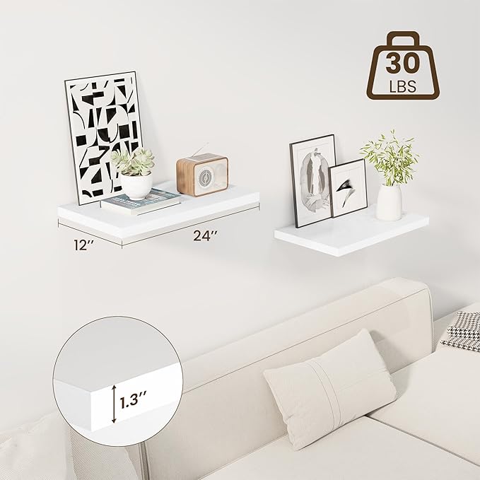 24" Floating Shelves for Wall, 12" Deep Slim White Floating Shelves, Wall-Mounted Shelves for Bedroom, Living Room, Kitchen, Bathroom - Set of 2-Ruum Studio Home