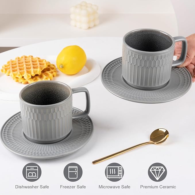 Large Cappuccino Cups with Saucers Set of 4, 8 Ounce Stackable Embossed Ceramic Coffee Mugs for Specialty Coffee Drinks, Latte, Cafe Mocha and Tea, Dishwasher & Microwave Safe (Grey)-Ruum Studio Home