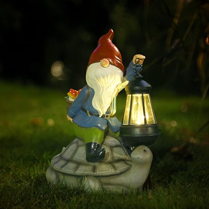 Gnome and Turtle Garden Decor, Large Outdoor Garden Sculptures & Statues, Outside Patio Yard Lawn Decorations, Housewarming for Women, Mom, Grandma with Solar Lantern-Ruum Studio Home