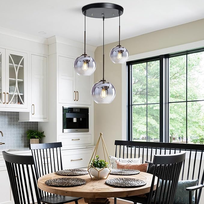 KCO Lighting Modern 3-Light Hanging Light Fixture Silver Gradient Glass Globe Pendant Ceiling Lighting with Adjustable Cord Mid Century Hanging Chandelier Light Fixture for Kitchen Island Bedroom…-Ruum Studio Home
