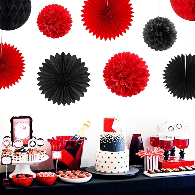 Red Black Happy-Halloween Party Decorations - 13PCS Spider Web Bats Streamers Banner ,Paper Flowers Lanterns Tissue Pom Poms Fans, Classroom Birthday Bachelorette Hanging Supplies Decor Hugfond-Ruum Studio Home