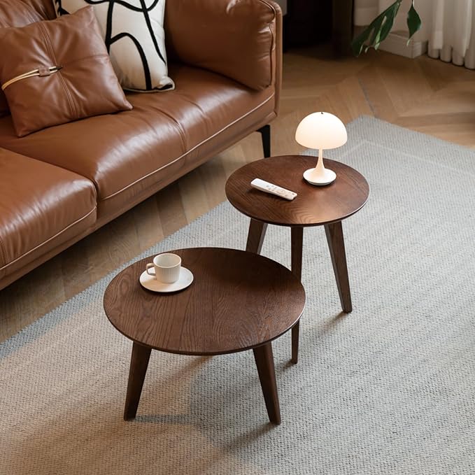100% Solid Oak Wood Coffee Table Set, Round Coffee Table Combo Side Table w/Solid Wood Legs, Mid Century Table Sturdy Tables for Bedroom Balcony Living Room (Walnut, 3 Pieces)-Ruum Studio Home