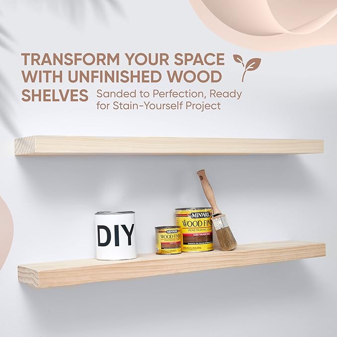 Homeforia 36 inch Wood Floating Shelves, High End Solid Natural Wood 36inch Large Floating Shelf Bathroom, Unfinished Wooden Floating Shelves for Wall, Heavy Duty Bracket, 36 X 6.5 X 1.75 in, Set of 2-Ruum Studio Home