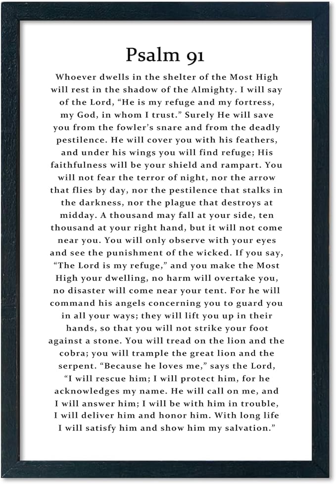 LuZhiQiang Psalm 91 Scripture Wall Art 16"×11" Bible Verse Christian Inspirational Sign Wood Framed Wall Hanging Decor (Black)-Ruum Studio Home