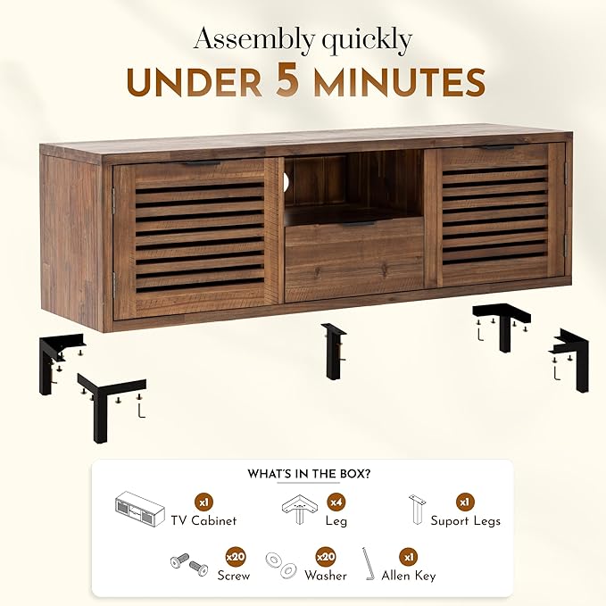 Bme Millie Solid Wood TV Stand for TVs up to 65 Inches, Modern Farmhouse TV Stand with Rustic Charm, TV Stands for Living Room, Chestnut-Ruum Studio Home
