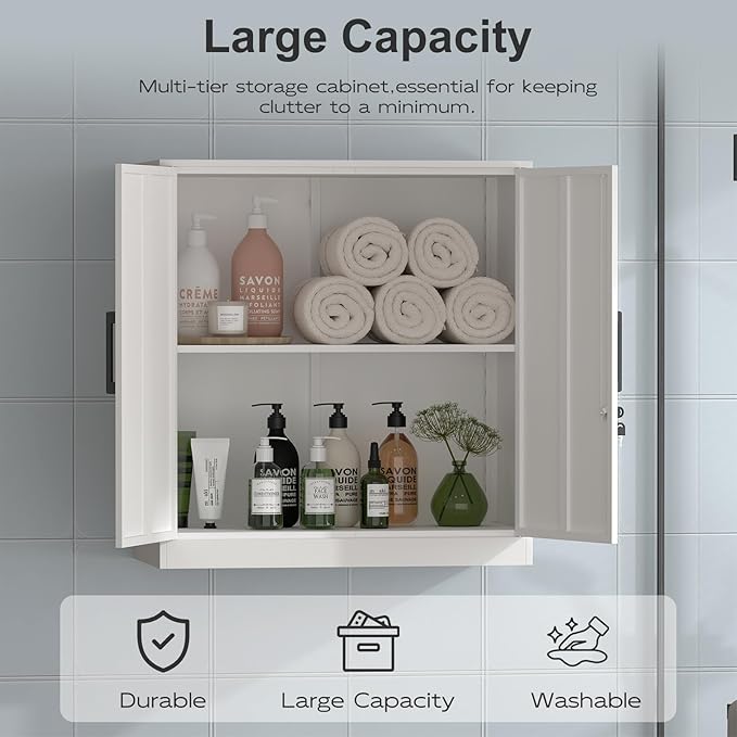 Wall Cabinet,Lockable Storage Cabinets with Adjustable Shelf,Locking Wall Storage Cabinet with Doors for Laundry Room,Home Office,White-Ruum Studio Home