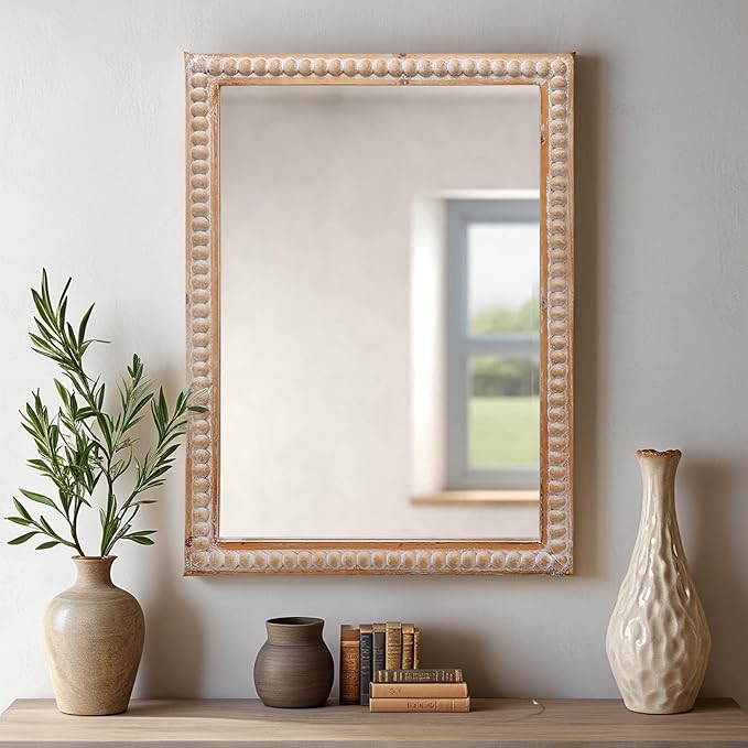 Farmhouse Bathroom Mirror 22x30 Inch - Rectangular Wall Mirrors with Wood Frame & Beaded Design - Distortion-Free Glass, Horizontal/Vertical Mount or Freestanding-Ruum Studio Home