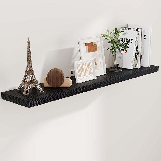 55 Inch Floating Shelves Black, Rustic Wood Floating Shelf Wall Mounted, 9 Inch Deep Floating Shelf for Kitchen, Bedroom, 55 x 9 Wall Shelves for Home Storage, Set of 1-Ruum Studio Home