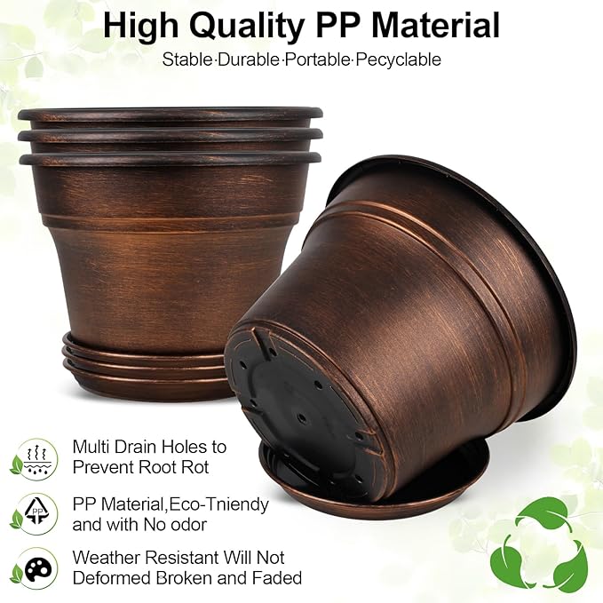 Plant Planters Pots Set of 6 Pack 6 Inch, Plastic Flower Pot for Indoor Plants with Drainage Holes & Trays, Resin Decorative Container Sets with Saucer for House Outdoor Garden Planters Dark Gold-Ruum Studio Home